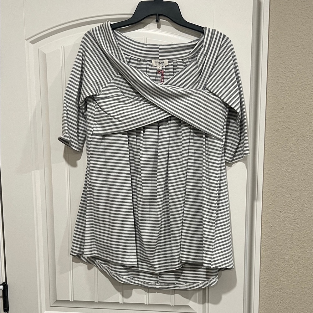 Umgee Striped Off-Shoulder Blouse in Gray and White